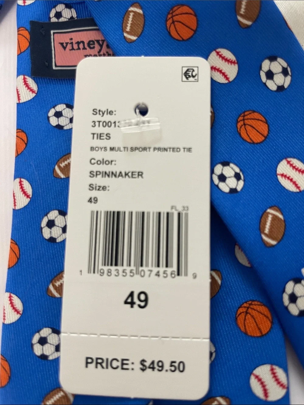 NWT Vineyard Vines Sports Pattern Blue Boy’s Tie